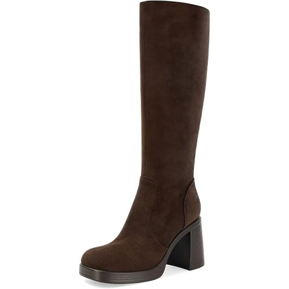 Women's Brown Square Toe Side Zip Chunky Block Heeled Casual Leather Boots